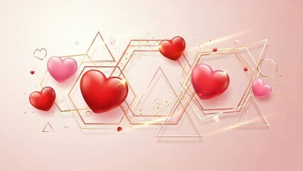 romantic and playful arrangement of floating hearts with geometric shapes on soft pink background