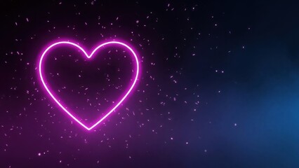 Neon pink heart shape glowing in dark background with sparkles and particles