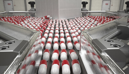 Pharmaceutical manufacturing line at a pharmacy factory. 3D illustration