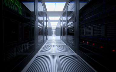 Dark Server Room  with Rows of Server Cabinets