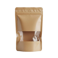 Brown coffee packaging pouch with zipper closure isolated on transparent background