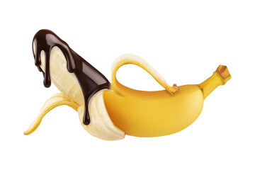 Peeled banana with melting chocolate sauce drip, sweet dessert fruit snack, delicious fresh food,...