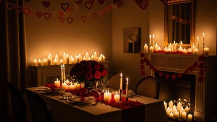 Cozy romantic indoor dining scene illuminated by numerous lit candles and decorative valentines