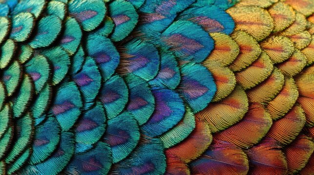 Close up of vibrant peacock feather texture. Detailed iridescent bird plumage pattern. Exquisite natural background for design and art concept. - Powered by Adobe