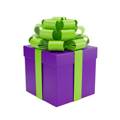 Beautiful purple gift box with green ribbon isolated on transparent background