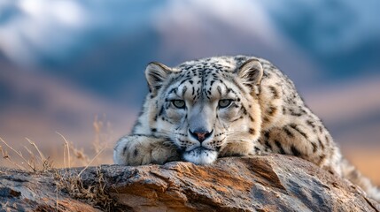Obraz premium Majestic Snow Leopard Rests on Rocky Outcrop in Mountainous Terrain.