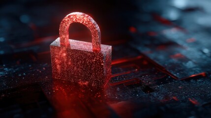 Digital padlock with glowing red particles on a dark circuit board surface. Cybersecurity and data protection concept for digital security.