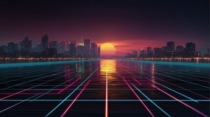 An 80s retro futuristic city skyline with sunset and neon grid on water. Digital art concept for synthwave and vaporwave aesthetic. Creative background.