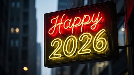 Neon Sign " Happy 2026" in City at Night glowing