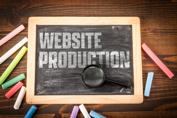 Website Production Concept Displayed On Chalkboard With Magnifying Glass
