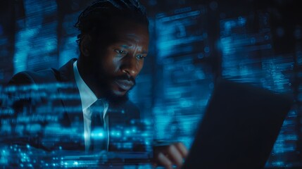 Man in Suit Analyzing Futuristic Digital Data Interface.