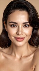 Fototapeta premium Portrait of a smiling woman with brown wavy hair and clear skin against a neutral beige background