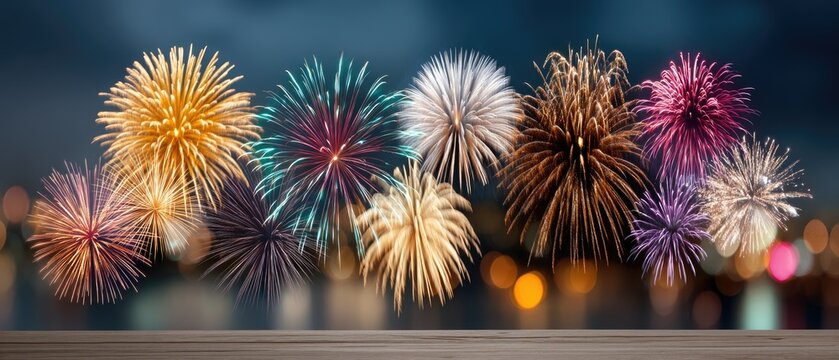 Colorful fireworks illuminate the night sky, creating a magical atmosphere for celebration on New Year's Eve with a beautiful backdrop