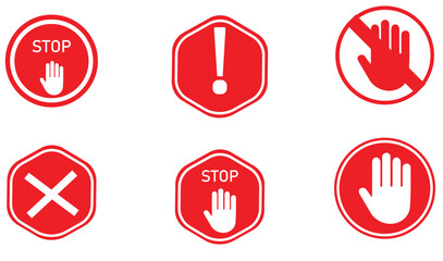 Set of Red Stop and Warning Hand Icons Isolated on White Background, Prohibition, Alert, and Safety Symbols Collection for Control and Regulation Concepts.
