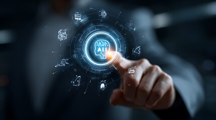 Person touching futuristic digital brain interface displaying artificial intelligence digital interface