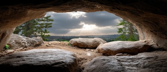 Obraz premium Cross emerging from tomb opening with sunlight shining through clouds in an inspiring Easter concept background scene