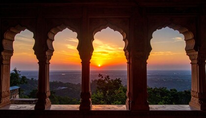 Sunset framed through three ornate arches with patterned railing and distant horizon in warm glow.