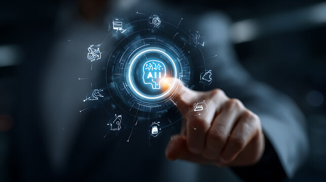 Person touching futuristic digital brain interface displaying artificial intelligence digital interface - Powered by Adobe