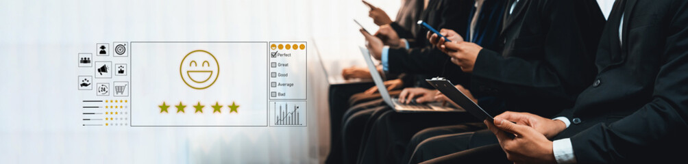 Business professionals in suits engage with devices while assessing services through a digital rating interface featuring five stars and a smiley face, highlighting modern evaluations. Trope