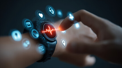 Person touching smart watch displaying heart rate and health icons wrist finger