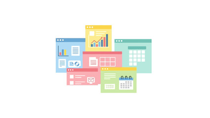 Multiple colorful digital dashboards and data analytics interfaces representing data management