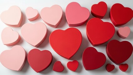 Colorful Hearts in Various Sizes and Shades of Red and Pink on White Background