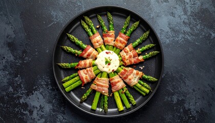 Radial arrangement of asparagus spears wrapped in prosciutto, surrounded by cherry tomatoes, garlic, salt, and spices on dark textured surface.