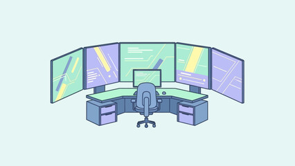 multimonitor computer workstation with ergonomic chair and storage drawers in a tech workspace scene