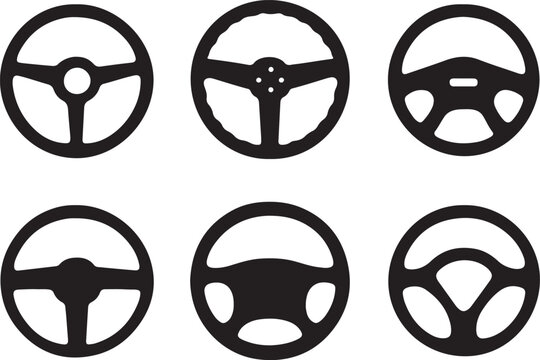 set of car steering wheel icon silhouette design vector art illustration