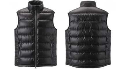 Black puffer vest front and back view on black clothing isolated on a transparent background