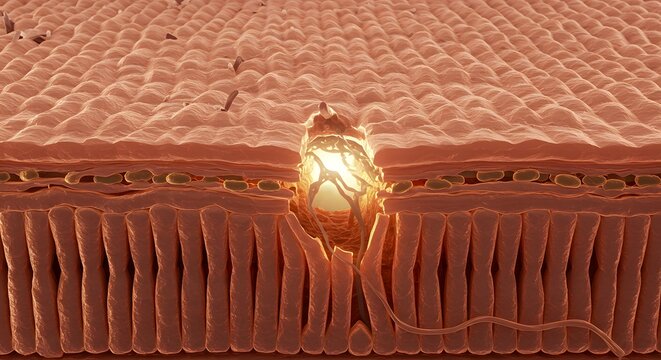 Detailed Cross section of Human Skin Tissue with Exposed Nerve Ending
