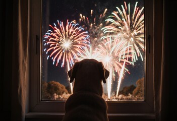 Dog watches colorful fireworks display through window at night