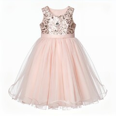 Elegant blush pink tulle dress with sequined bodice isolated on white backdrop