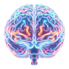 Vibrant colorful brain with neon lights isolated on transparent background