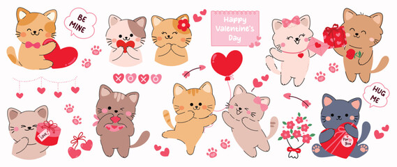 Valentine's Day cute cat character vector illustration with hearts gifts letters and love elements. Romantic hand drawn design for greeting cards invitations stickers packaging and social media.