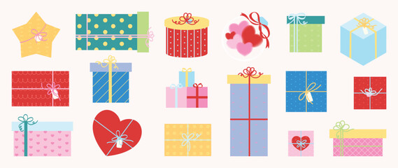 Valentine's Day gift box and chocolate vector illustration with heart shapes ribbons and love elements. Romantic hand drawn design for greeting cards packaging stickers and holiday decoration.