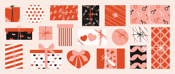 Valentine's Day gift box and chocolate vector illustration with heart shapes ribbons and love elements. Romantic hand drawn design for greeting cards packaging stickers and holiday decoration.