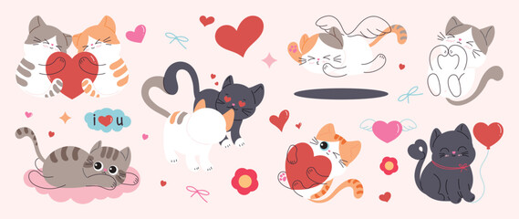Valentine's Day cute cat character vector illustration with hearts gifts letters and love elements. Romantic hand drawn design for greeting cards invitations stickers packaging and social media.