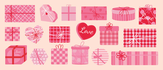 Valentine's Day gift box and chocolate vector illustration with heart shapes ribbons and love elements. Romantic hand drawn design for greeting cards packaging stickers and holiday decoration.