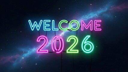 Welcome 2026 Neon Sign in Starry Galaxy Background