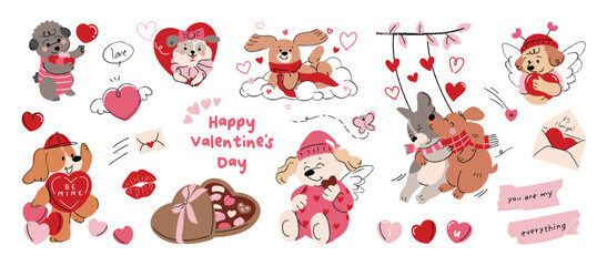 Naklejka premium Valentine's Day cute dog couple vector illustration with hearts letters chocolates and love elements. Romantic hand drawn animal design for greeting cards invitations stickers packaging and pattern.