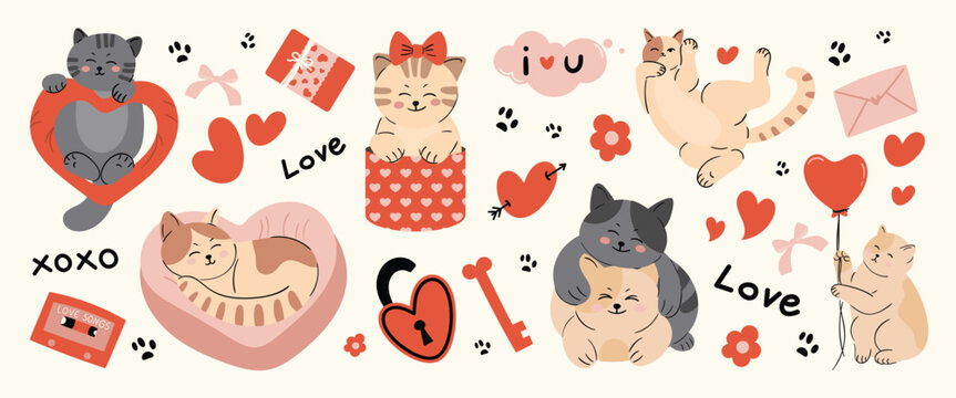 Valentine's Day cute cat character vector illustration with hearts gifts letters and love elements. Romantic hand drawn design for greeting cards invitations stickers packaging and social media.