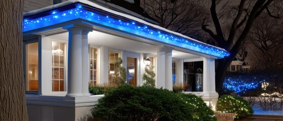 Obraz premium Beautiful winter home with blue lights and snow on the roof, showcasing a cozy garden and inviting porch at night
