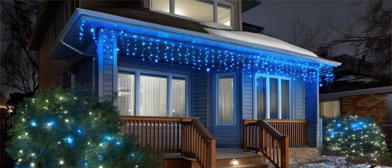 Obraz premium Beautiful winter home decorated with blue lights, showing a cozy atmosphere in the snowy night with greenery in the garden