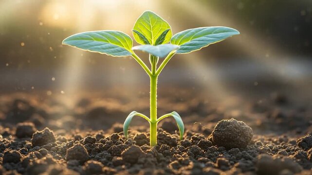 Seedling plant grows rapidly, bathed in golden morning sunrise light.