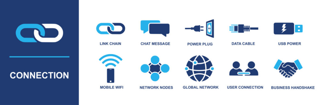 Connection icon set. Containing link chain, chat message, power plug, data cable, usb power, mobile wifi, network nodes, global network, user connection, business handshake and more. Solid vector icon
