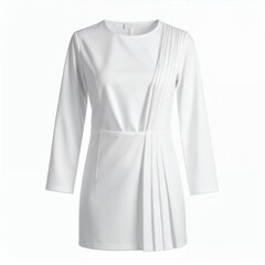 Fototapeta premium Elegant long-sleeved white tunic dress showcasing pleated detailing on a clean backdrop