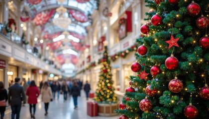 Decorated christmas tree in a shopping mall hallway with red ornaments and blurred shoppers