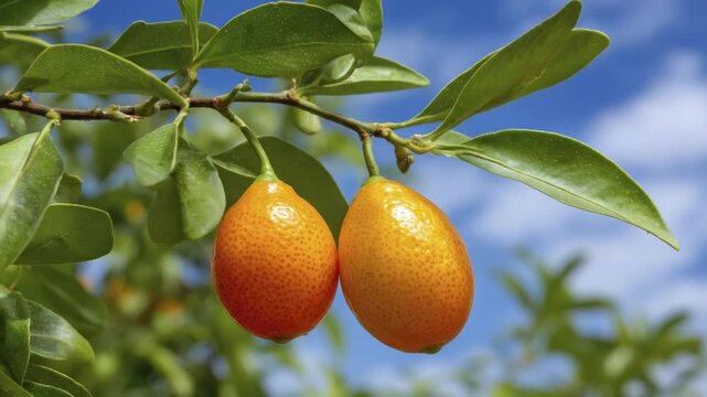 A stunning close-up reveals two vibrant, ripe citrus fruits, possibly kumquats, hanging gracefully from a lush green branch against a clear, azure blue sky. A glistening water droplet slowly drips fro