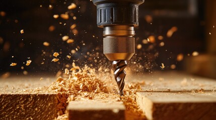 High-Quality Close-Up of a Drill Bit in Action Creating Wood Shavings on a Wooden Surface with Dramatic Lighting Effects